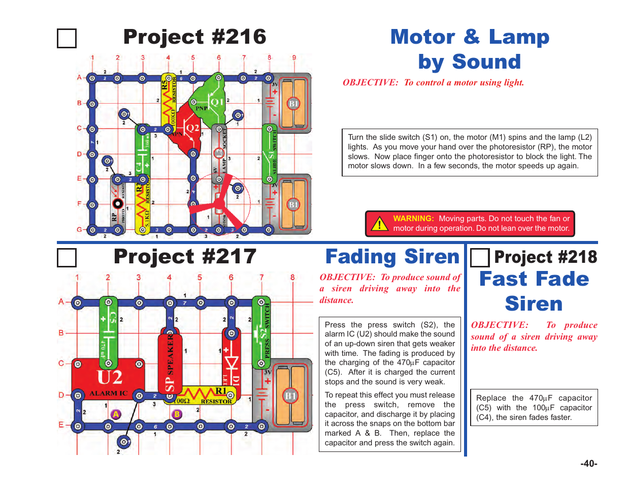 Project #217 fading siren, Fast fade siren project #216, Motor & lamp by sound | Project #218 | Elenco Upgrade Kit SC100 to SC750 User Manual | Page 41 / 288