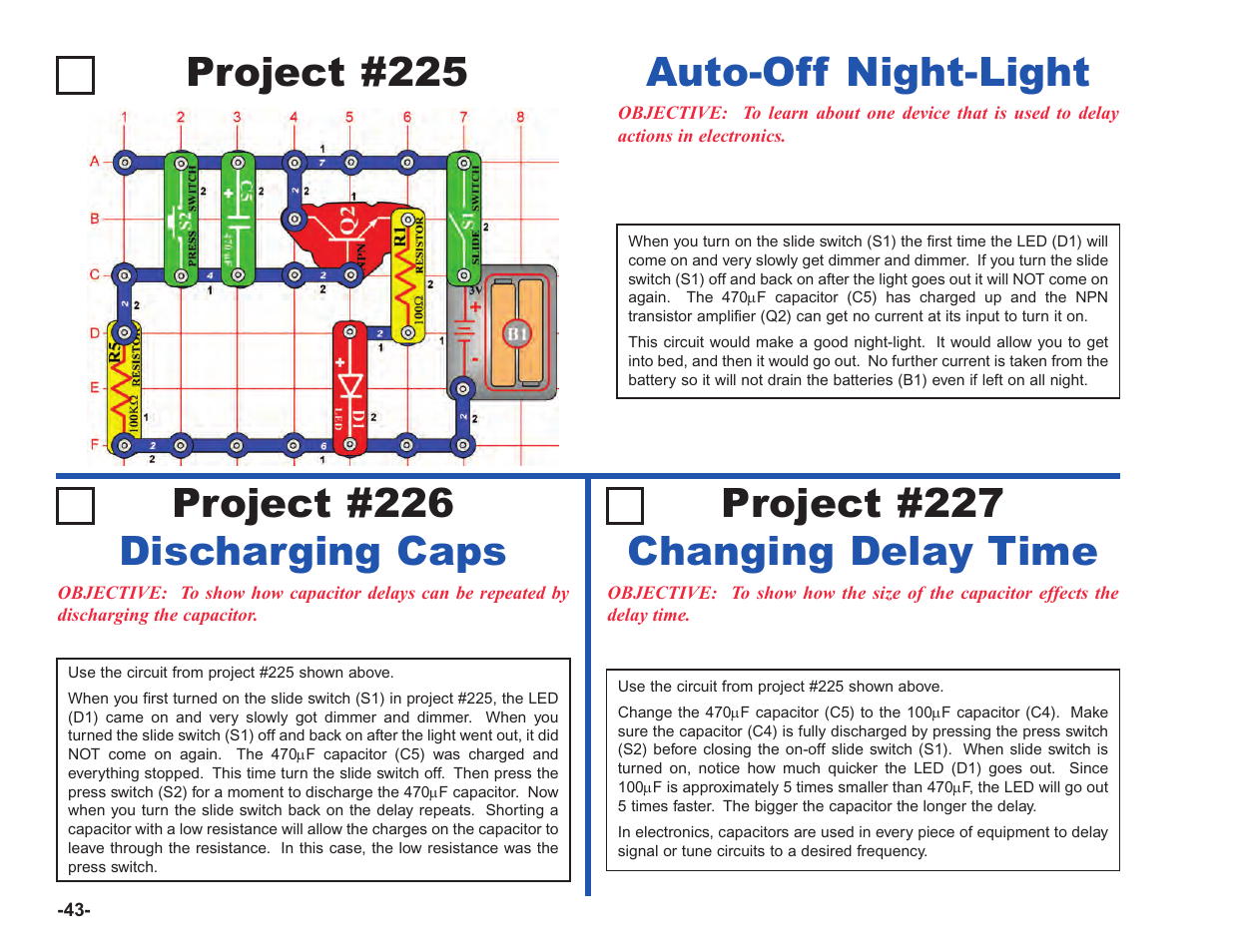Project #225, Auto-off night-light | Elenco Upgrade Kit SC100 to SC750 User Manual | Page 44 / 288