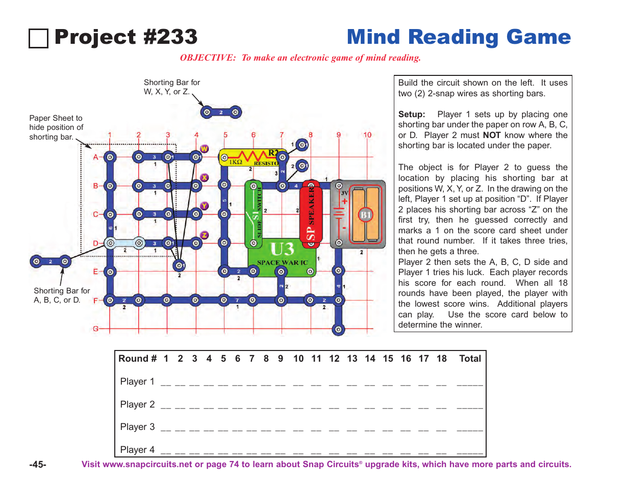 Project #233 mind reading game | Elenco Upgrade Kit SC100 to SC750 User Manual | Page 46 / 288