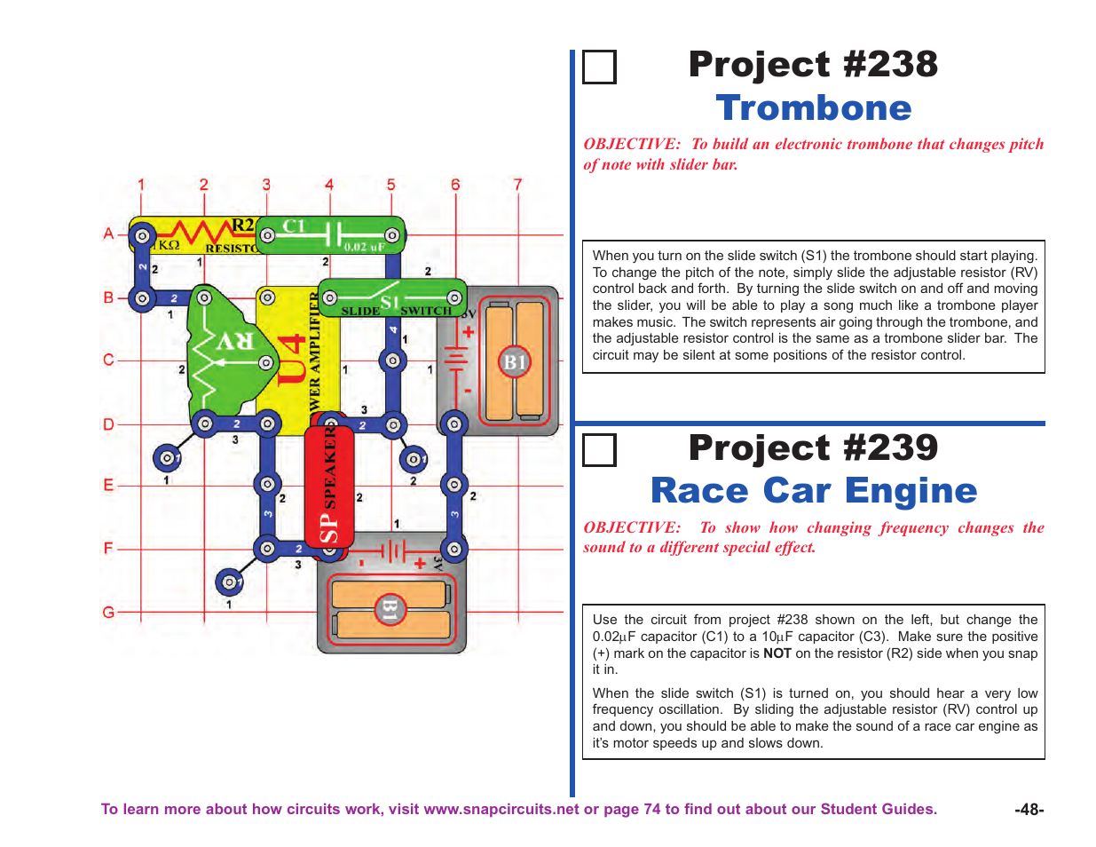 Project #238 trombone, Project #239 race car engine | Elenco Upgrade Kit SC100 to SC750 User Manual | Page 49 / 288