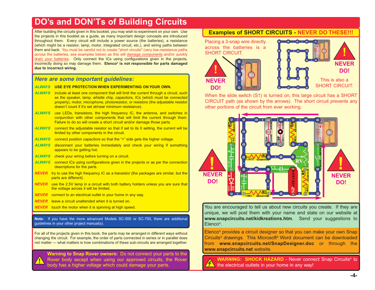 Do’s and don’ts of building circuits | Elenco Upgrade Kit SC100 to SC750 User Manual | Page 5 / 288