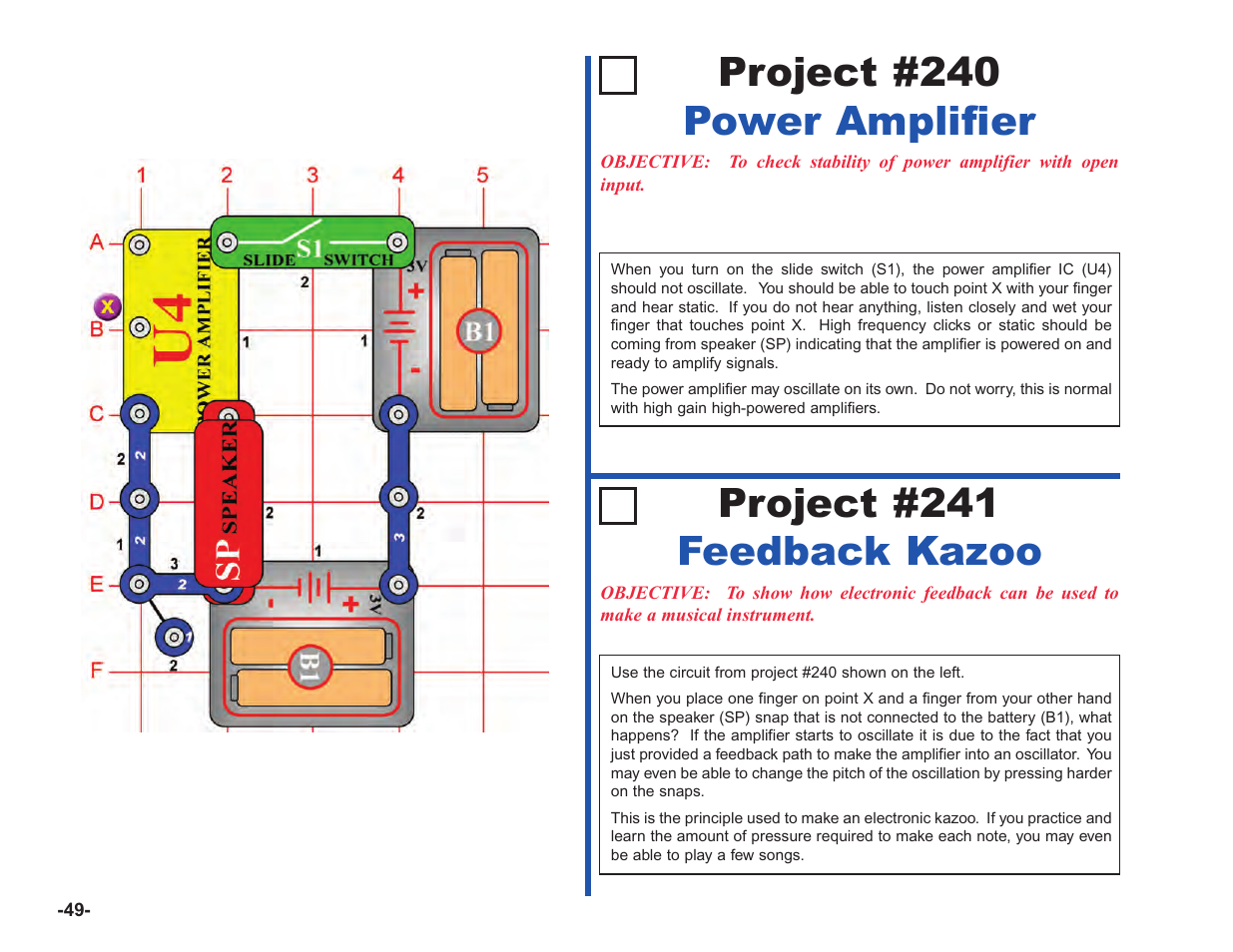 Project #240 power amplifier, Project #241 feedback kazoo | Elenco Upgrade Kit SC100 to SC750 User Manual | Page 50 / 288
