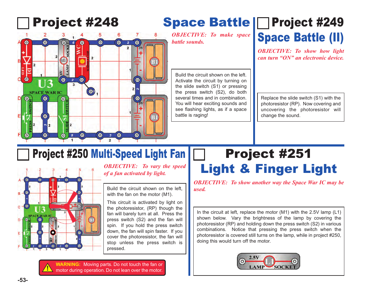 Project #248 space battle, Project #250 multi-speed light fan | Elenco Upgrade Kit SC100 to SC750 User Manual | Page 54 / 288