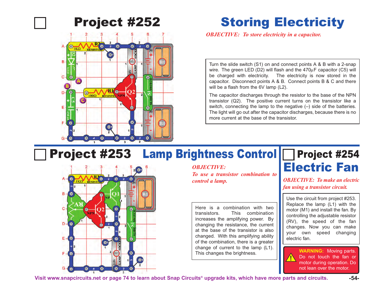 Project #252 storing electricity, Project #253 lamp brightness control, Electric fan | Project #254 | Elenco Upgrade Kit SC100 to SC750 User Manual | Page 55 / 288