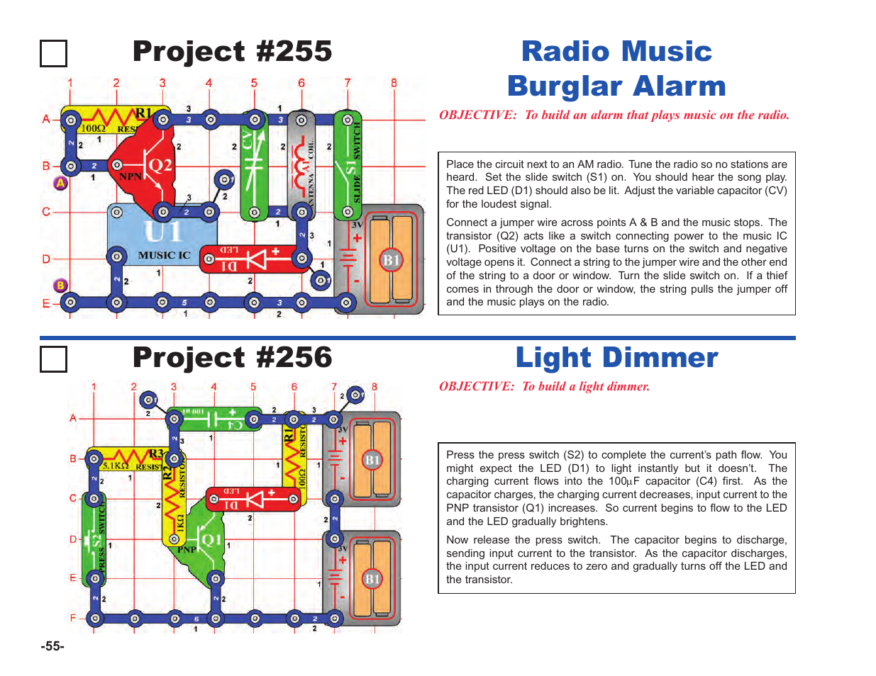 Project #255, Radio music burglar alarm project #256, Light dimmer | Elenco Upgrade Kit SC100 to SC750 User Manual | Page 56 / 288