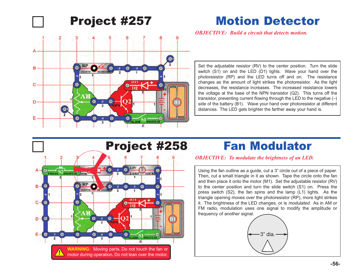Project #257, Motion detector project #258, Fan modulator | Elenco Upgrade Kit SC100 to SC750 User Manual | Page 57 / 288