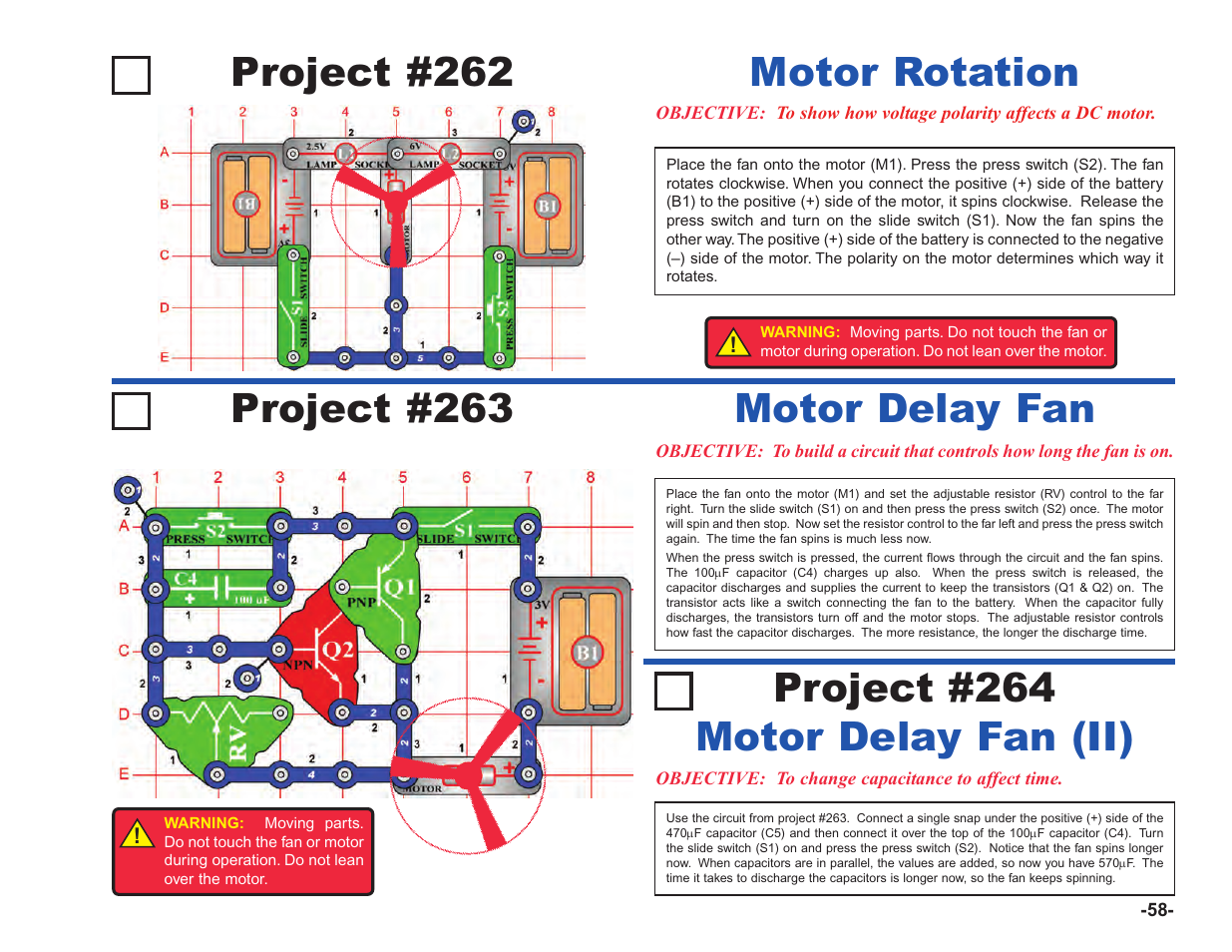 Project #262, Motor rotation, Project #264 motor delay fan (ii) | Project #263 motor delay fan | Elenco Upgrade Kit SC100 to SC750 User Manual | Page 59 / 288