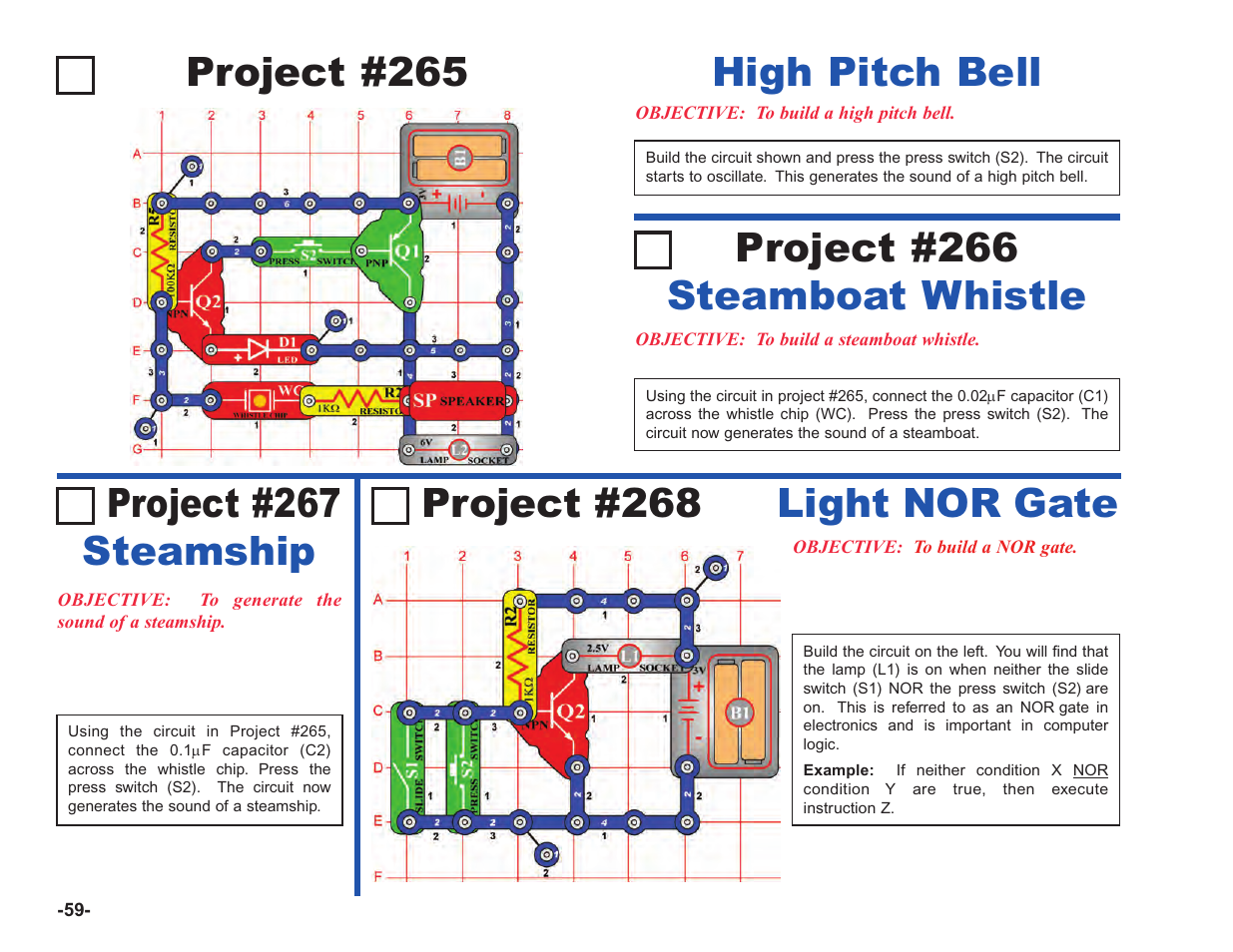 Project #266 steamboat whistle, Project #267 steamship, Project #268 light nor gate | Project #265 high pitch bell | Elenco Upgrade Kit SC100 to SC750 User Manual | Page 60 / 288
