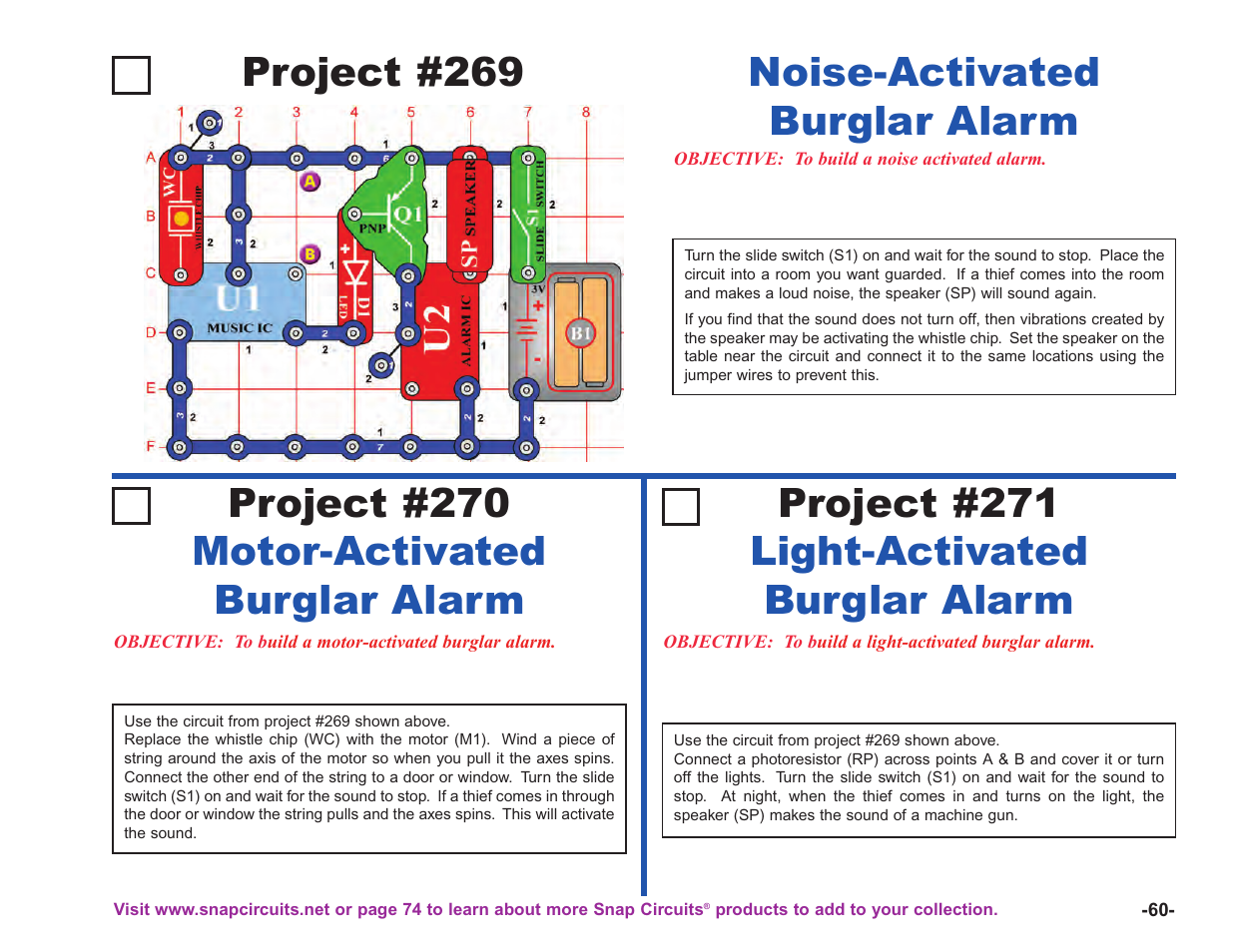 Project #269, Noise-activated burglar alarm | Elenco Upgrade Kit SC100 to SC750 User Manual | Page 61 / 288