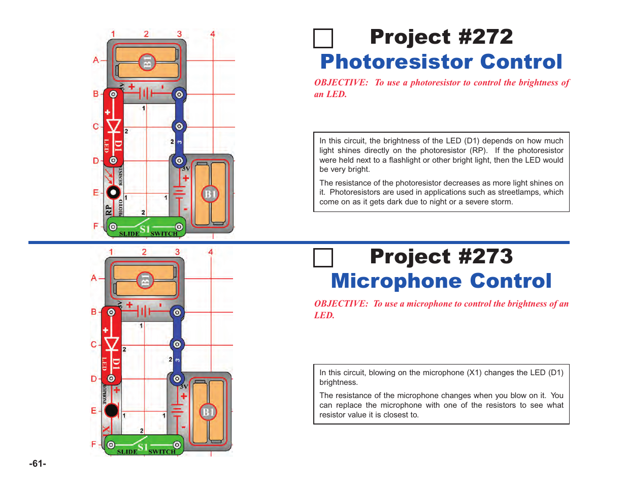 Project #272 photoresistor control, Project #273 microphone control | Elenco Upgrade Kit SC100 to SC750 User Manual | Page 62 / 288