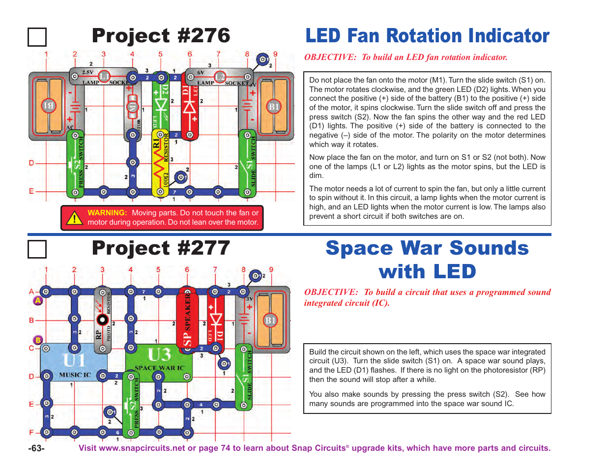 Project #277, Space war sounds with led project #276, Led fan rotation indicator | Elenco Upgrade Kit SC100 to SC750 User Manual | Page 64 / 288
