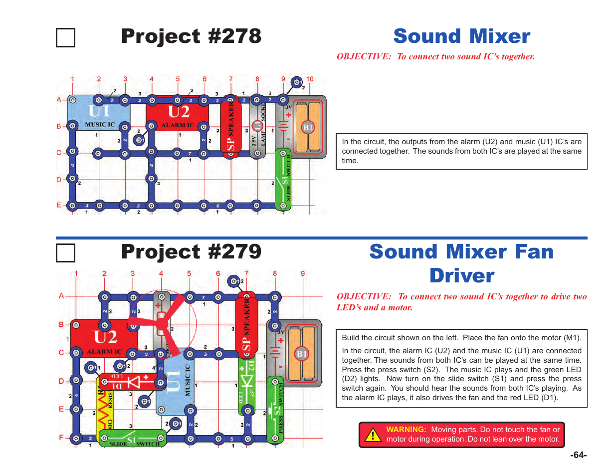 Project #278, Sound mixer project #279, Sound mixer fan driver | Elenco Upgrade Kit SC100 to SC750 User Manual | Page 65 / 288