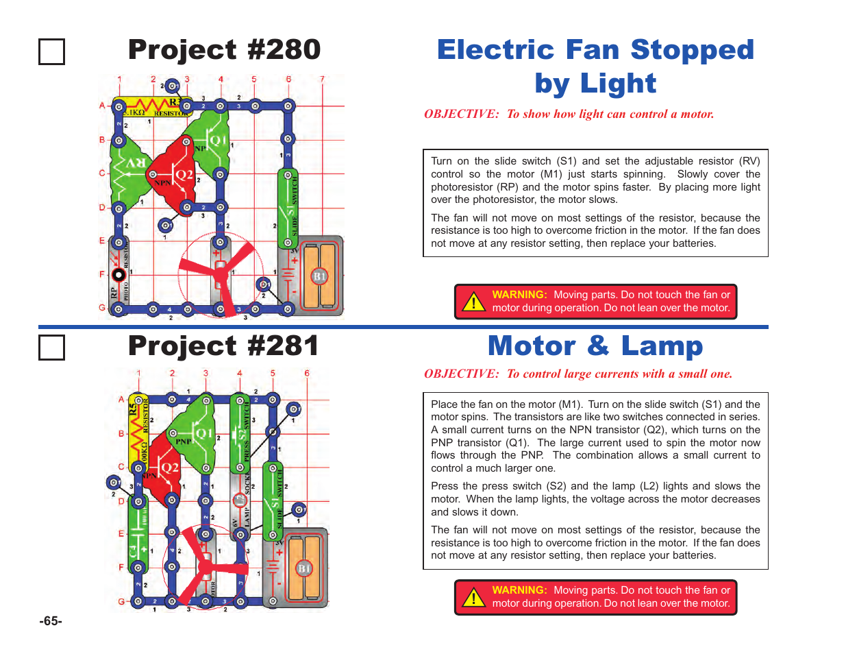 Project #280, Electric fan stopped by light project #281, Motor & lamp | Elenco Upgrade Kit SC100 to SC750 User Manual | Page 66 / 288
