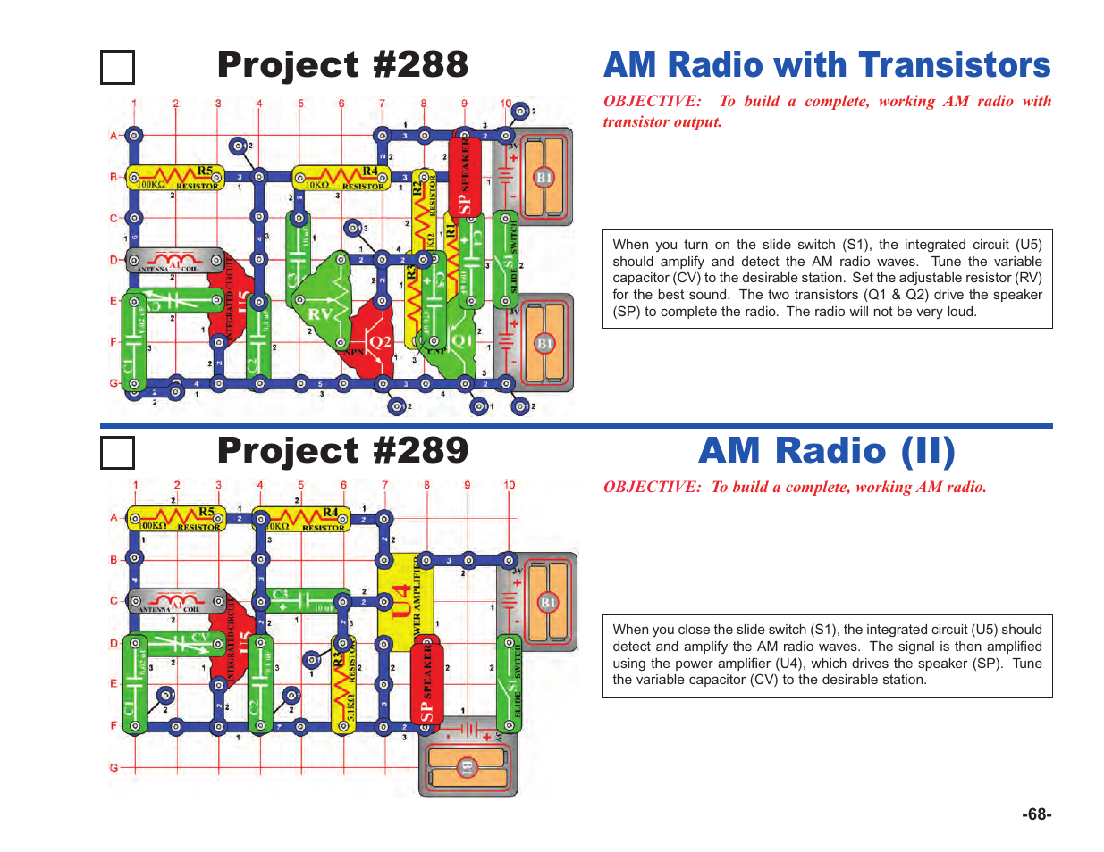 Project #288, Am radio with transistors project #289, Am radio (ii) | Elenco Upgrade Kit SC100 to SC750 User Manual | Page 69 / 288
