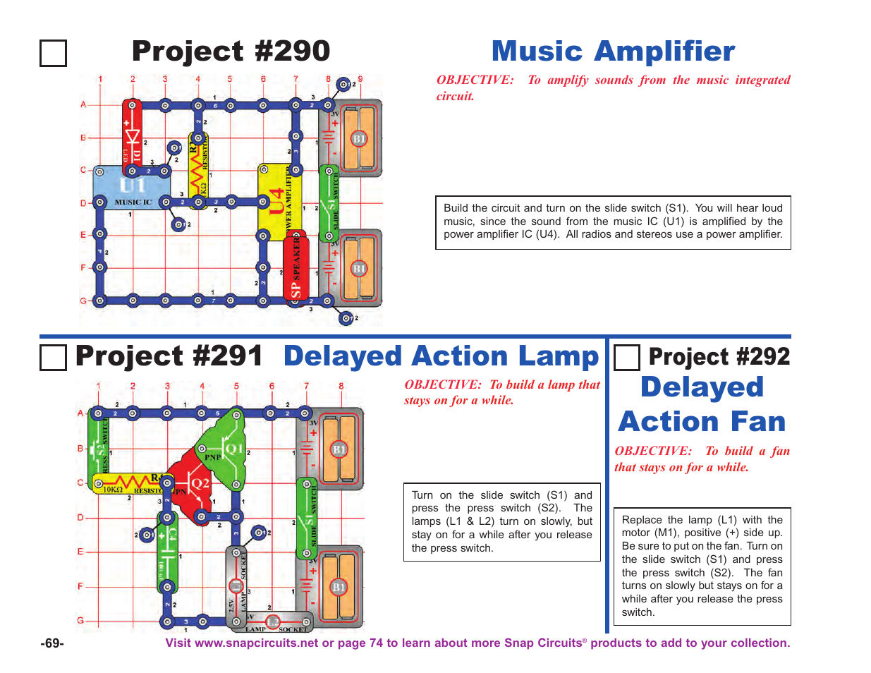 Project #290, Music amplifier project #291 delayed action lamp, Delayed action fan | Project #292 | Elenco Upgrade Kit SC100 to SC750 User Manual | Page 70 / 288