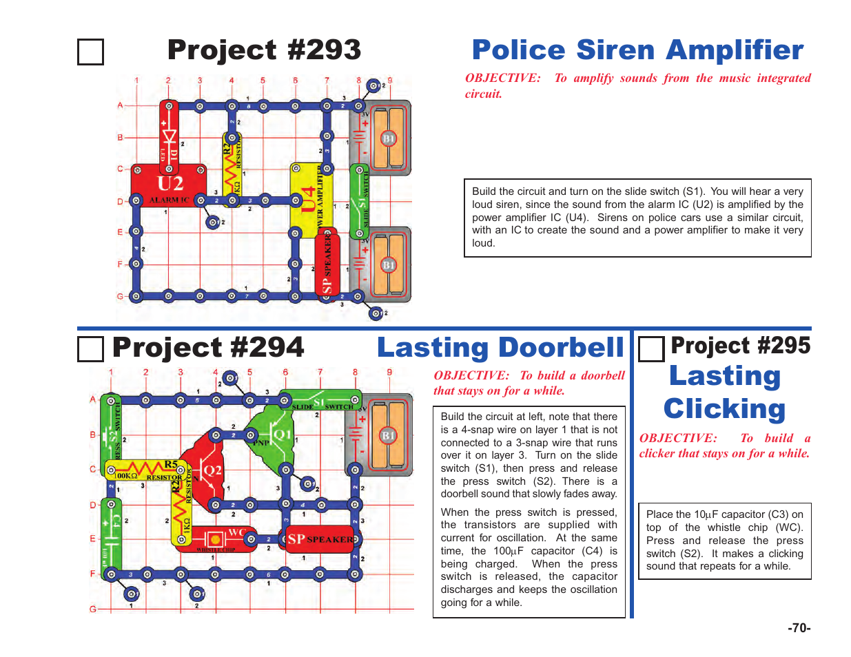 Project #293 police siren amplifier, Project #294 lasting doorbell, Lasting clicking | Project #295 | Elenco Upgrade Kit SC100 to SC750 User Manual | Page 71 / 288