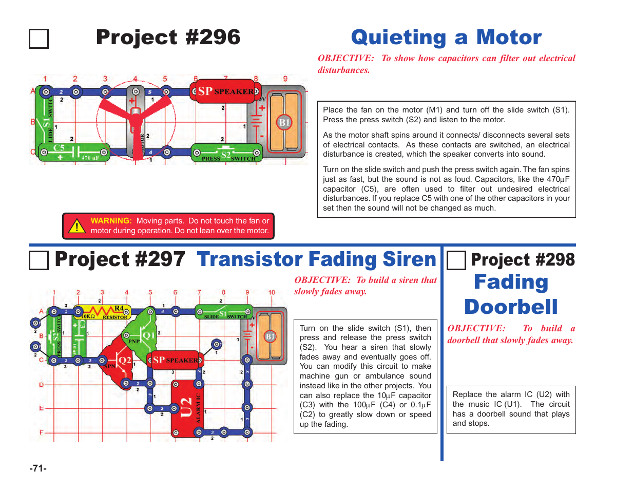 Project #296, Fading doorbell, Project #298 | Elenco Upgrade Kit SC100 to SC750 User Manual | Page 72 / 288