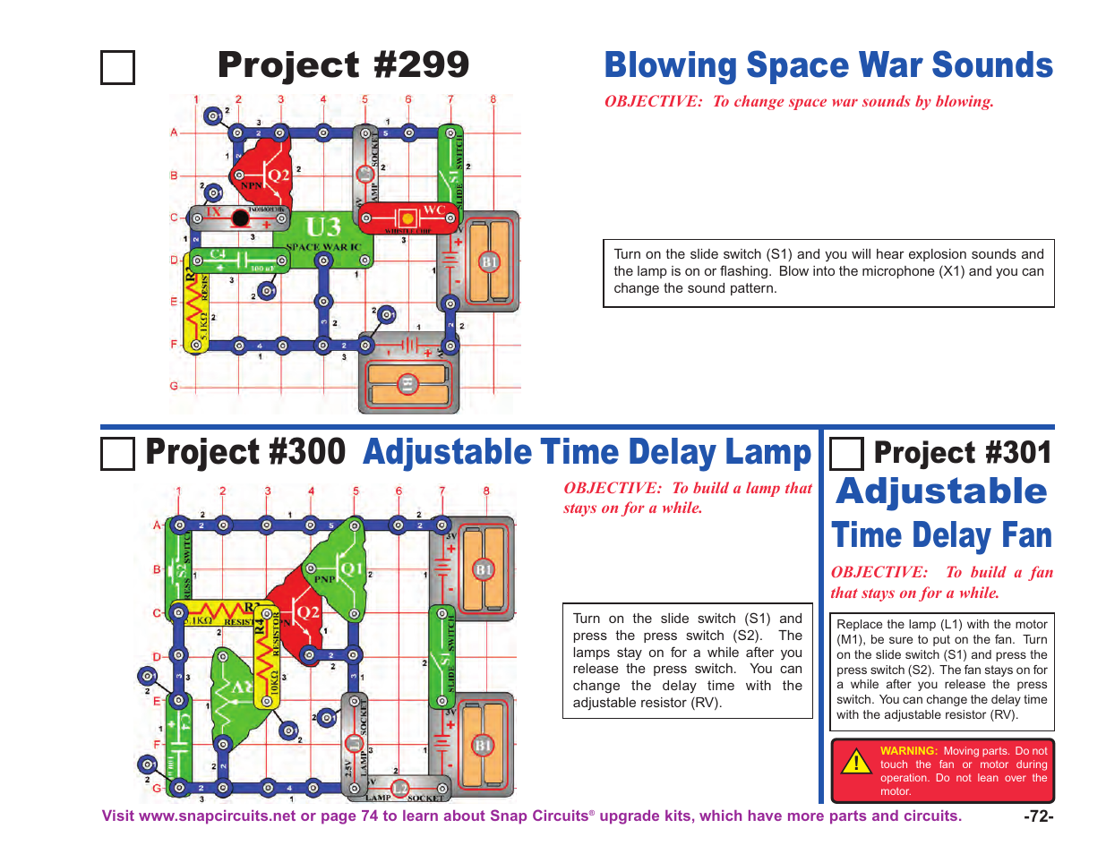 Project #299, Adjustable time delay fan, Project #301 | Elenco Upgrade Kit SC100 to SC750 User Manual | Page 73 / 288