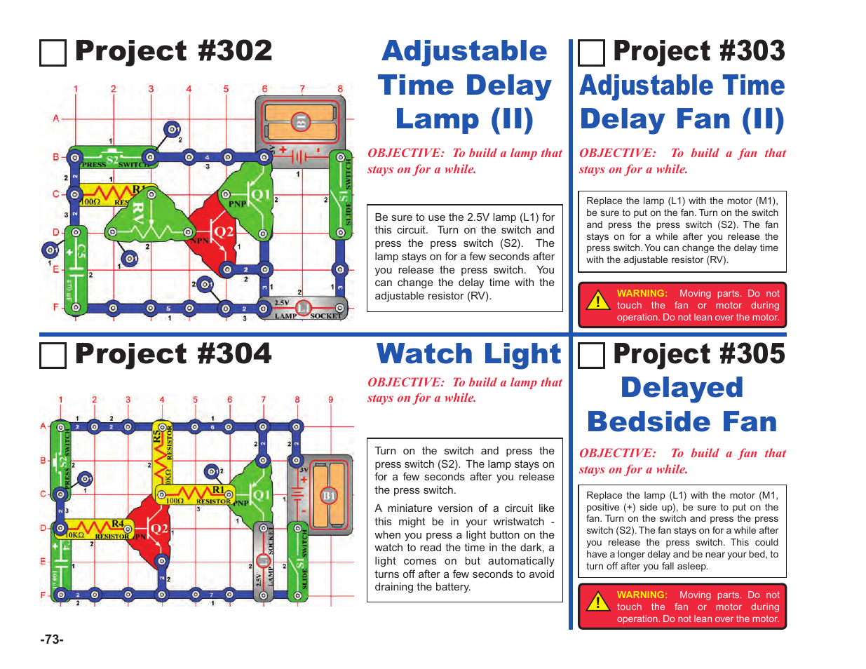Project #302, Project #305 delayed bedside fan, Project #304 watch light | Elenco Upgrade Kit SC100 to SC750 User Manual | Page 74 / 288