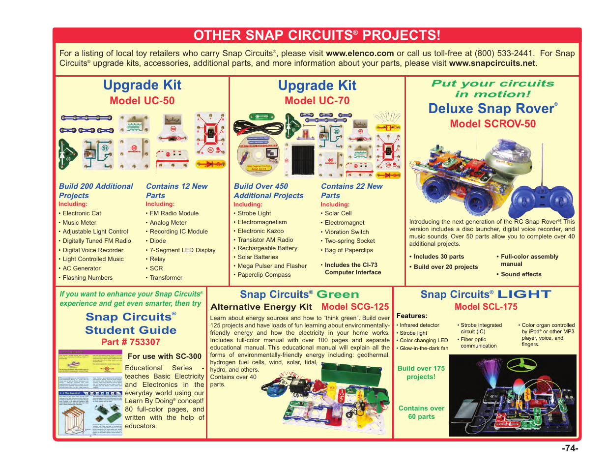 Other snap circuits, Projects, Upgrade kit | Deluxe snap rover, Model uc-50, Model uc-70, Model scrov-50, Snap circuits, Green, Student guide | Elenco Upgrade Kit SC100 to SC750 User Manual | Page 75 / 288