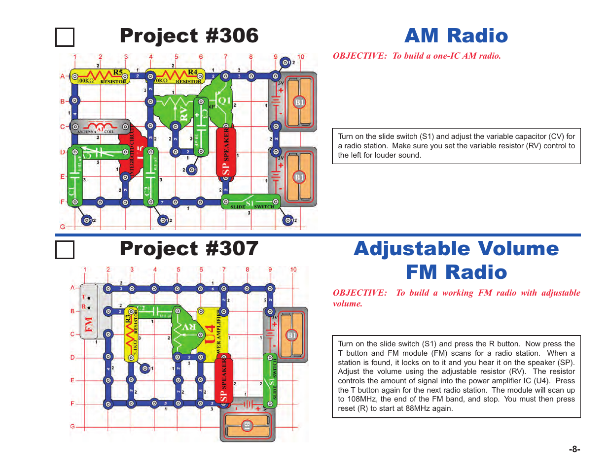 Project #306, Am radio project #307, Adjustable volume fm radio | Elenco Upgrade Kit SC100 to SC750 User Manual | Page 85 / 288