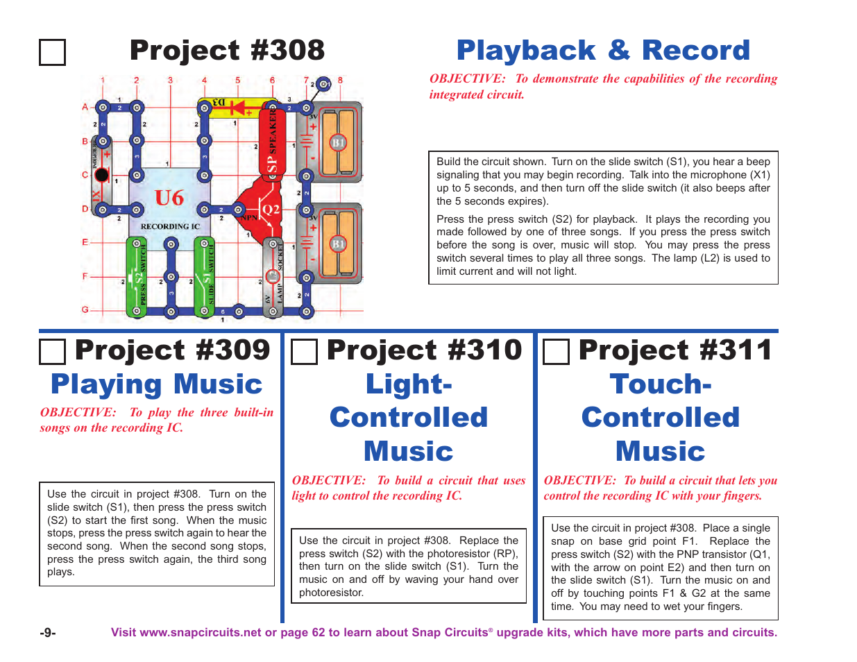 Project #308, Playback & record, Playing music project #309 | Light- controlled music project #310, Touch- controlled music project #311 | Elenco Upgrade Kit SC100 to SC750 User Manual | Page 86 / 288
