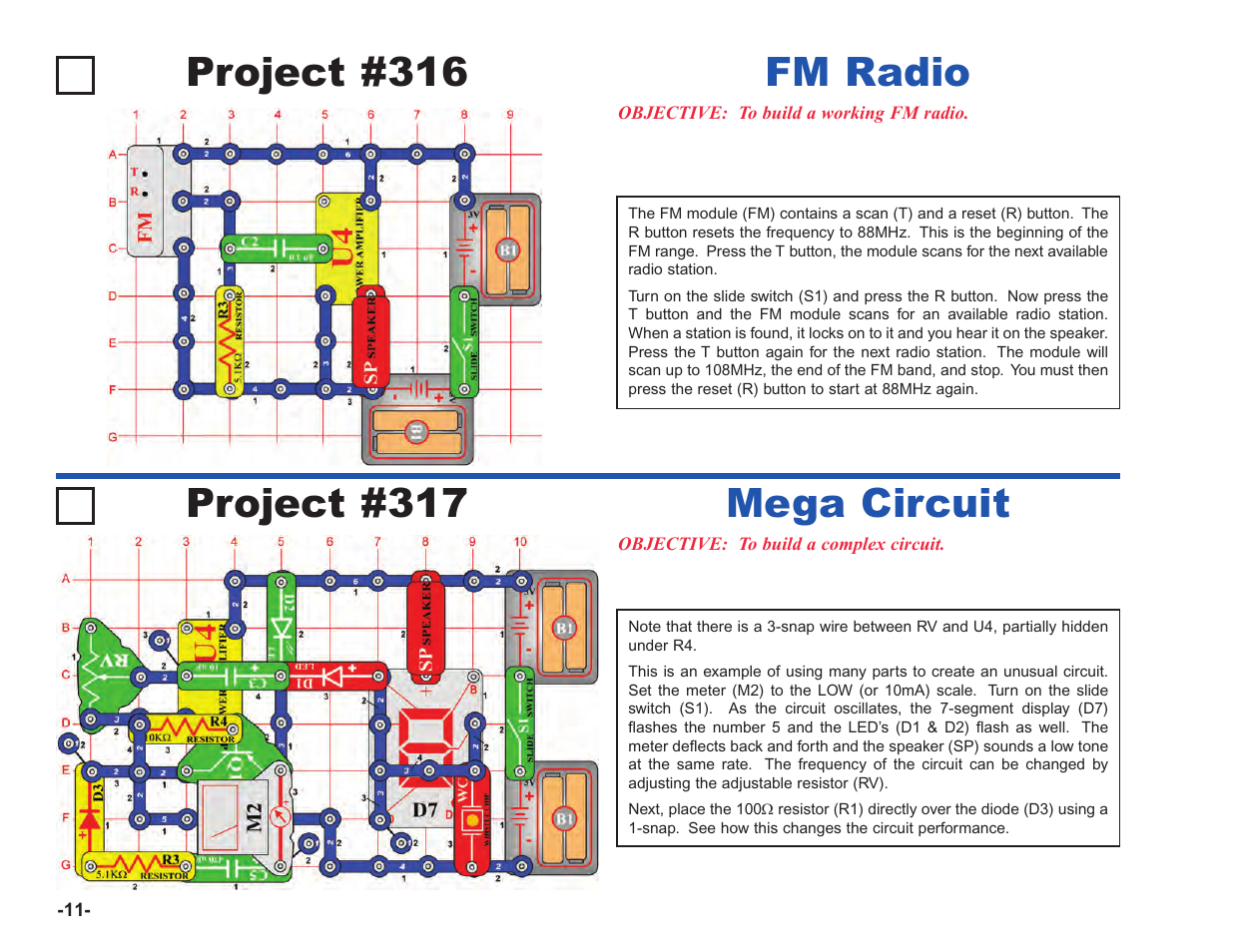 Project #316, Fm radio project #317, Mega circuit | Elenco Upgrade Kit SC100 to SC750 User Manual | Page 88 / 288