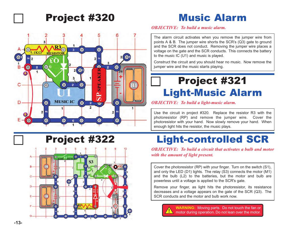 Project #320, Music alarm project #321, Light-music alarm | Project #322, Light-controlled scr | Elenco Upgrade Kit SC100 to SC750 User Manual | Page 90 / 288