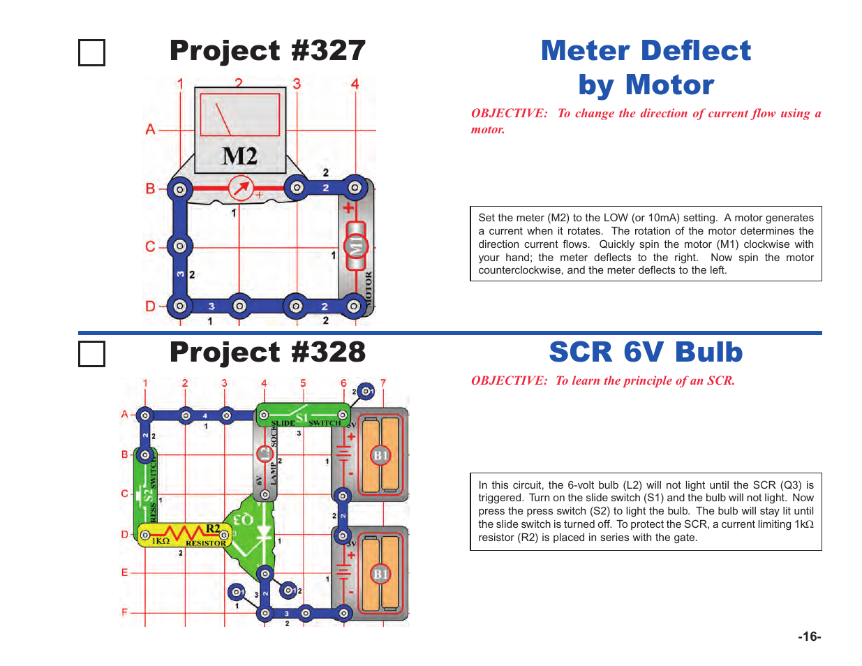 Project #328, Scr 6v bulb project #327, Meter deflect by motor | Elenco Upgrade Kit SC100 to SC750 User Manual | Page 93 / 288