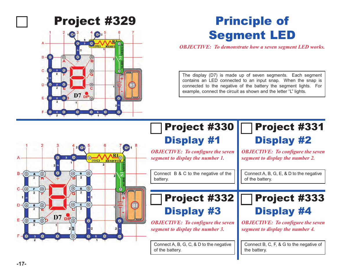 Project #329, Principle of segment led, Project #330 | Display #1, Display #2, Display #3 | Elenco Upgrade Kit SC100 to SC750 User Manual | Page 94 / 288
