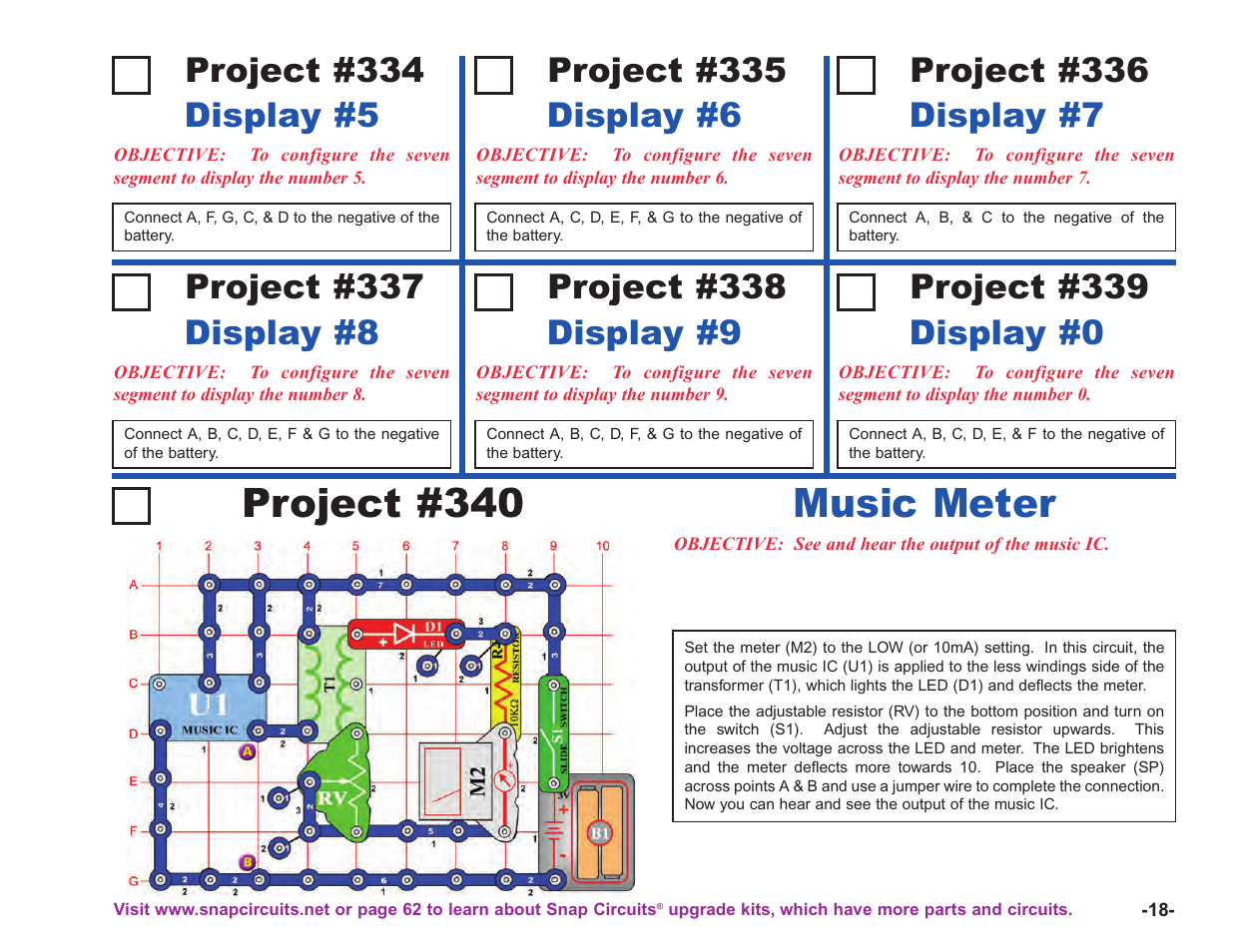 Project #340, Music meter, Project #334 | Display #5 project #335, Display #6 project #336, Display #7 project #337, Display #8 project #338, Display #9 project #339, Display #0 | Elenco Upgrade Kit SC100 to SC750 User Manual | Page 95 / 288