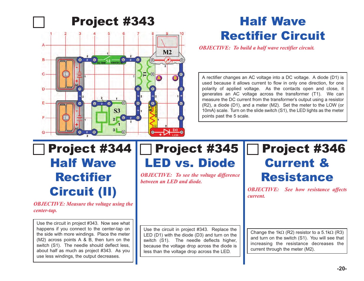 Project #343, Half wave rectifier circuit, Half wave rectifier circuit (ii) project #344 | Led vs. diode project #345, Current & resistance project #346 | Elenco Upgrade Kit SC100 to SC750 User Manual | Page 97 / 288