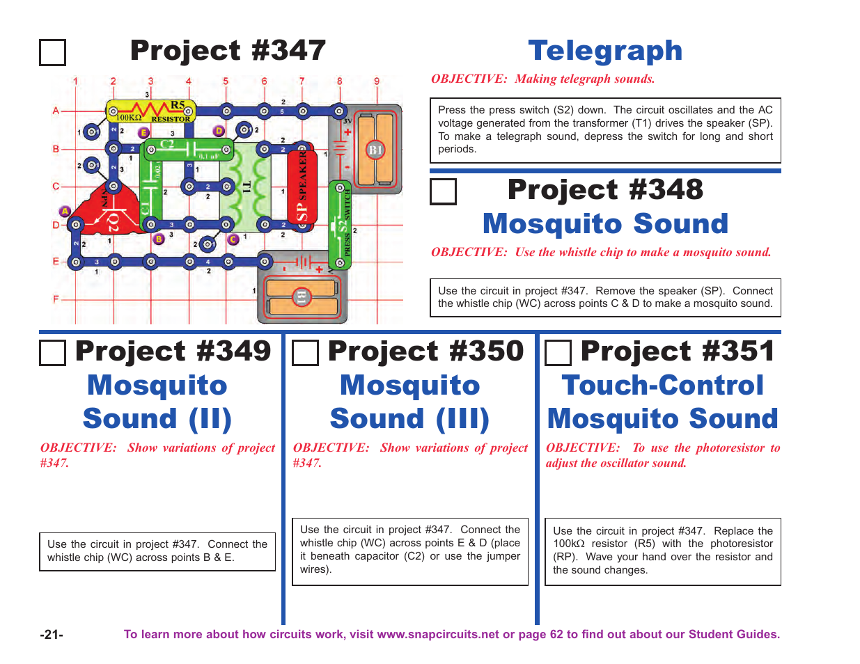 Project #347, Telegraph, Mosquito sound (ii) project #349 | Mosquito sound (iii) project #350, Touch-control mosquito sound project #351, Mosquito sound project #348 | Elenco Upgrade Kit SC100 to SC750 User Manual | Page 98 / 288