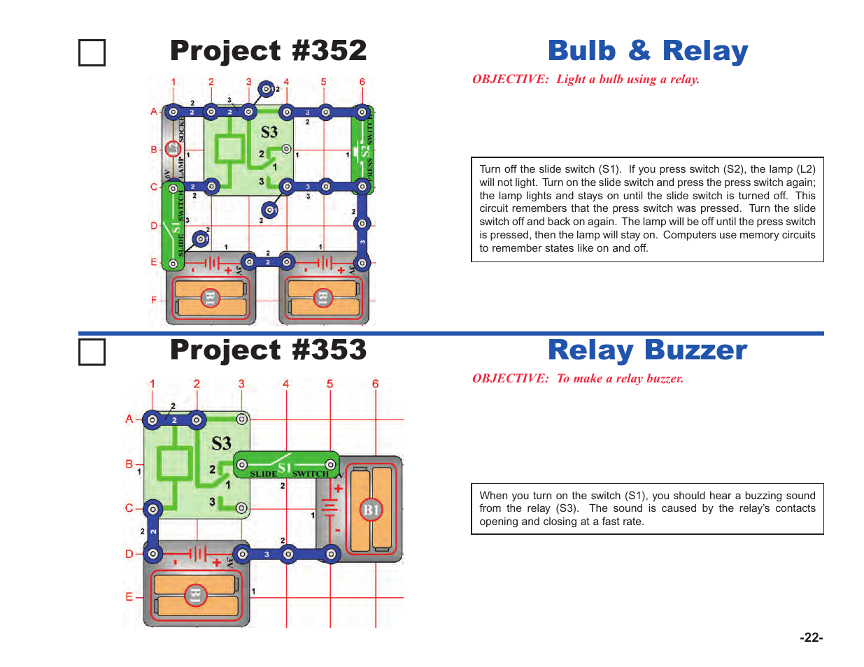 Project #353, Relay buzzer project #352, Bulb & relay | Elenco Upgrade Kit SC100 to SC750 User Manual | Page 99 / 288
