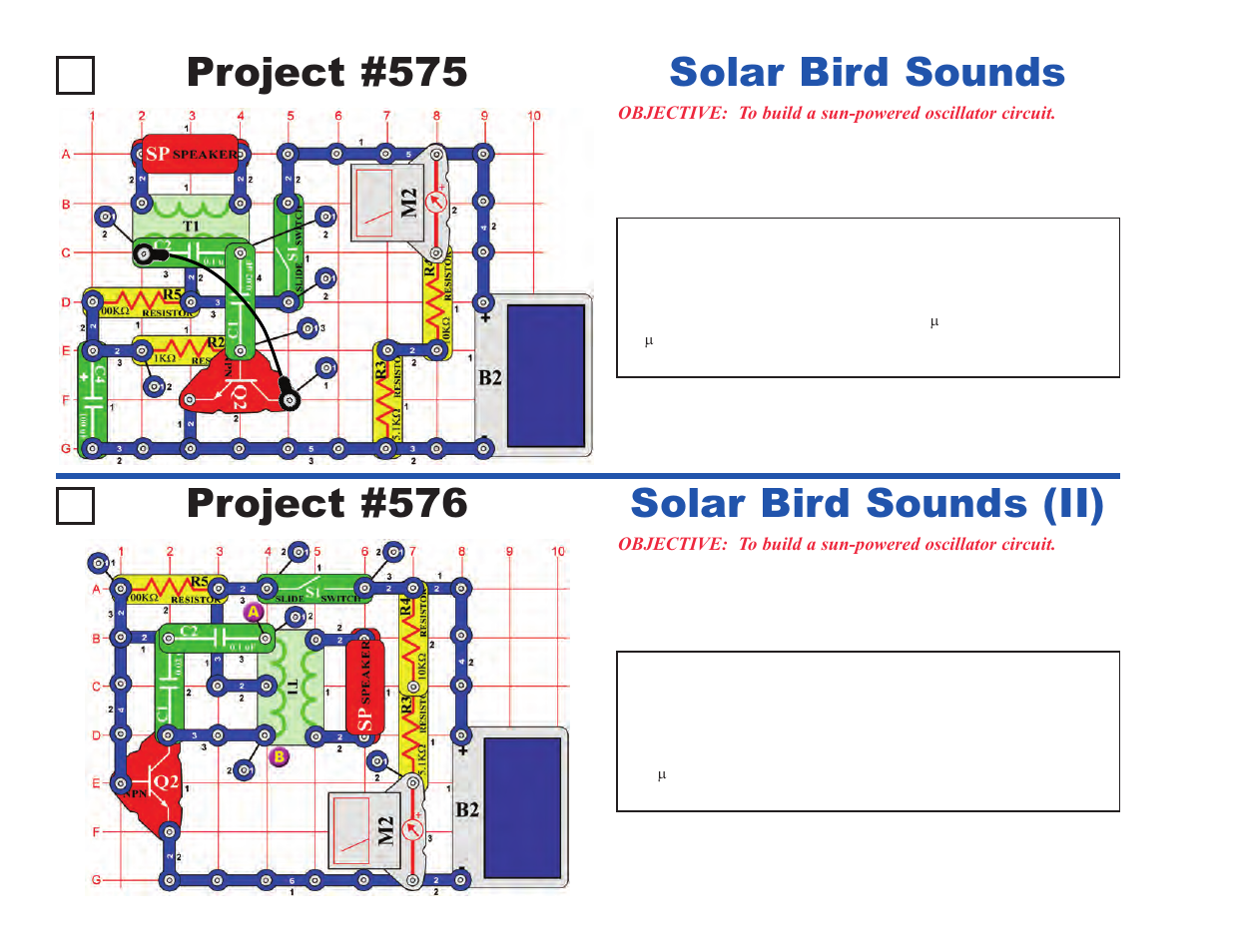 Project #575, Solar bird sounds, Project #576 | Solar bird sounds (ii) | Elenco Upgrade Kit SC300 to SC750 User Manual | Page 100 / 212