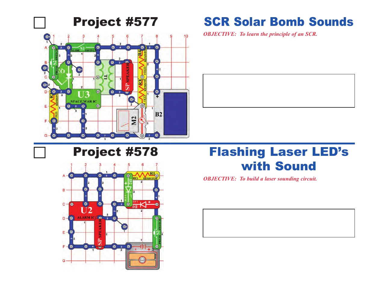 Project #577, Scr solar bomb sounds, Project #578 | Flashing laser led’s with sound | Elenco Upgrade Kit SC300 to SC750 User Manual | Page 101 / 212