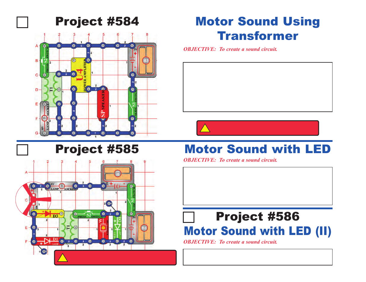 Project #584, Motor sound using transformer project #585, Motor sound with led | Motor sound with led (ii) project #586 | Elenco Upgrade Kit SC300 to SC750 User Manual | Page 104 / 212