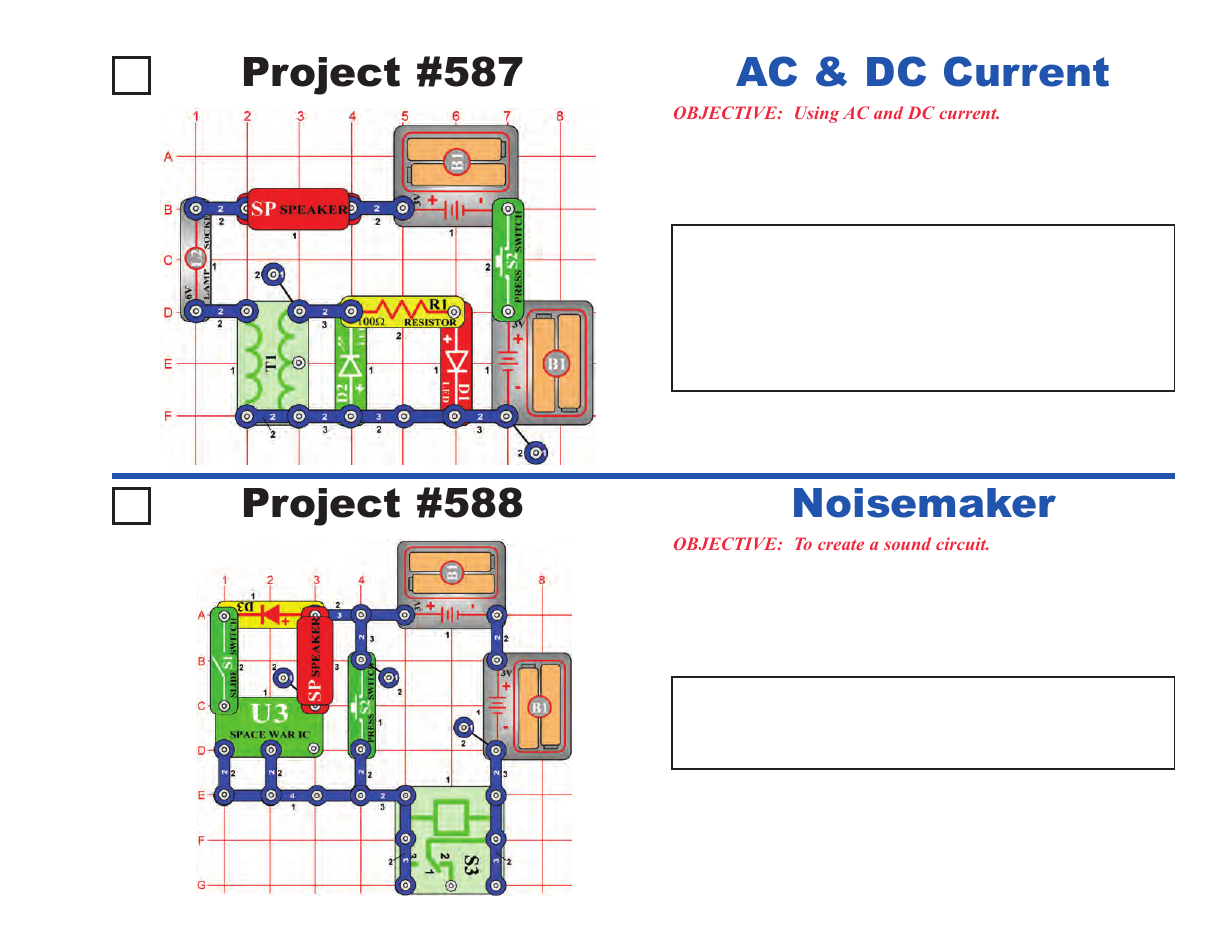 Project #587, Ac & dc current, Project #588 | Noisemaker | Elenco Upgrade Kit SC300 to SC750 User Manual | Page 105 / 212