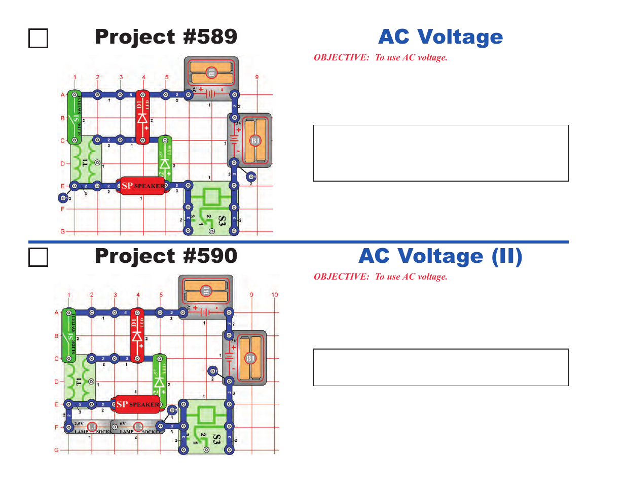 Project #589, Ac voltage, Project #590 | Ac voltage (ii) | Elenco Upgrade Kit SC300 to SC750 User Manual | Page 106 / 212