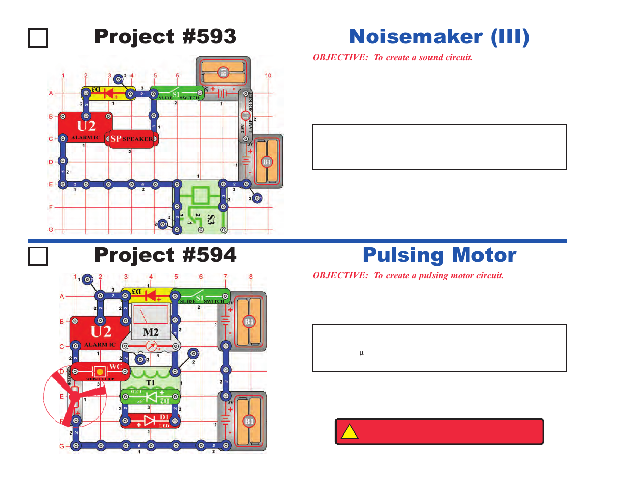 Project #594, Pulsing motor, Project #593 | Noisemaker (iii) | Elenco Upgrade Kit SC300 to SC750 User Manual | Page 108 / 212