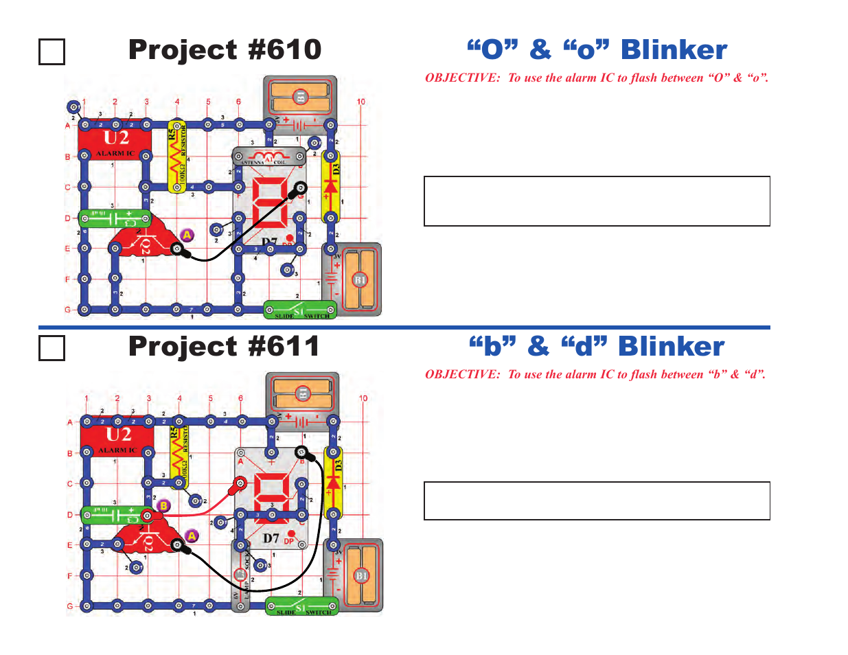 Project #610, O” & “o” blinker, Project #611 | B” & “d” blinker | Elenco Upgrade Kit SC300 to SC750 User Manual | Page 114 / 212