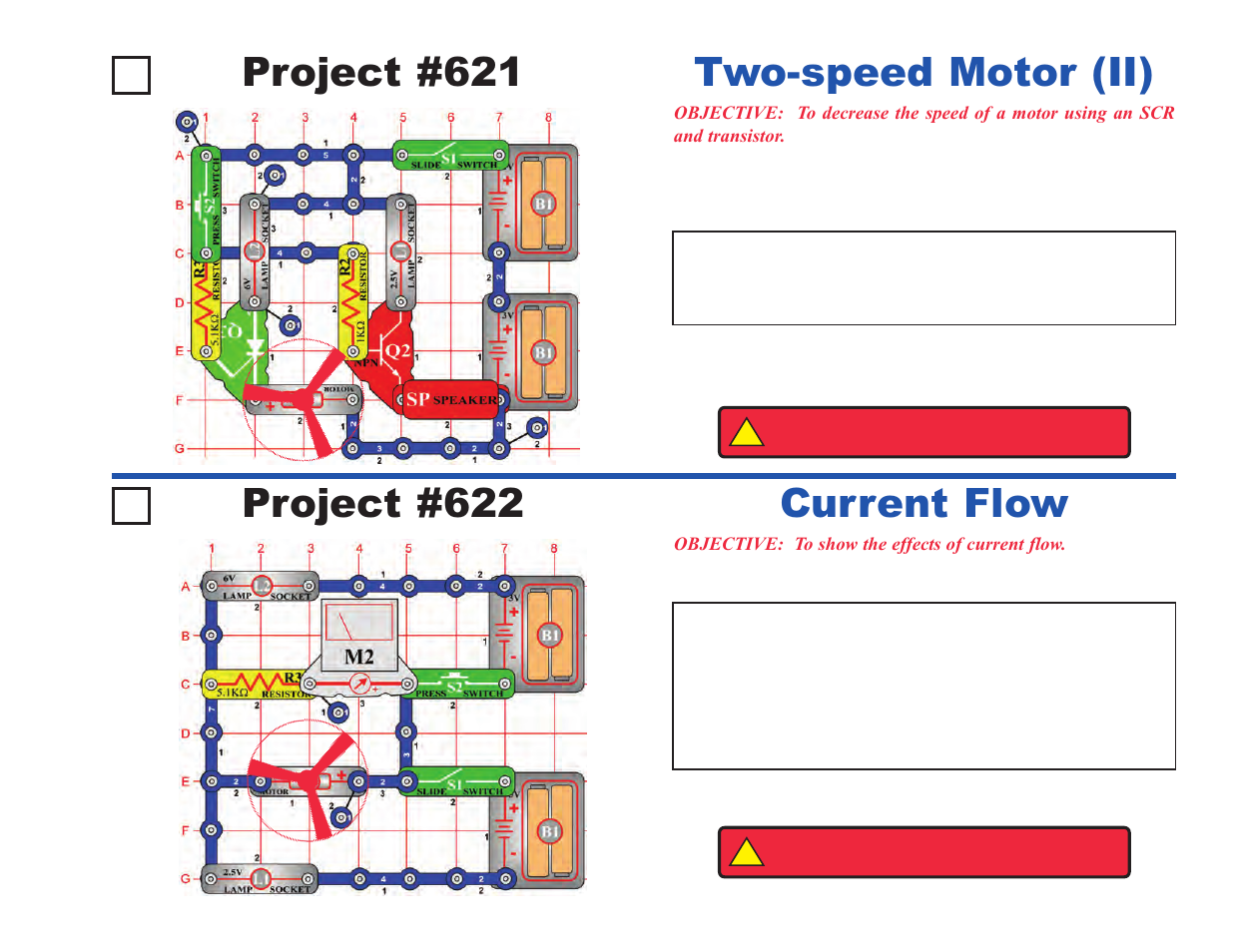 Project #621, Two-speed motor (ii), Project #622 | Current flow | Elenco Upgrade Kit SC300 to SC750 User Manual | Page 119 / 212