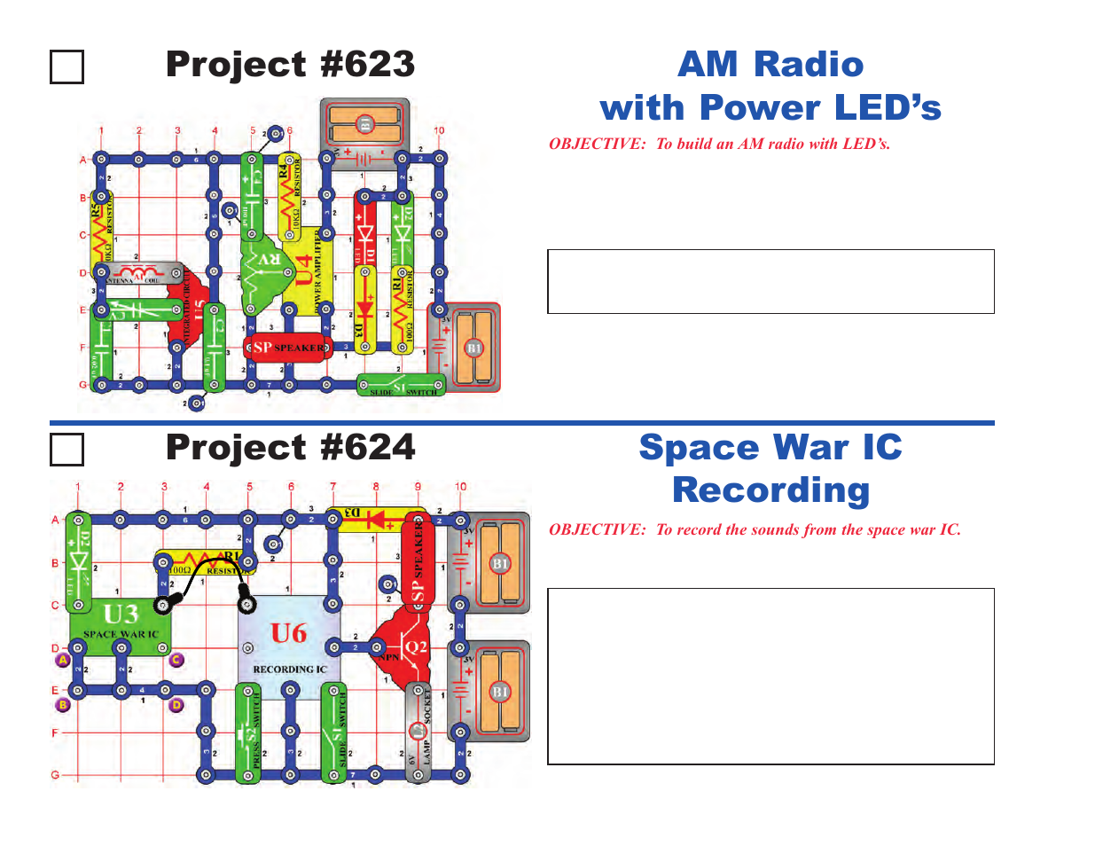 Project #623, Am radio with power led’s, Project #624 | Space war ic recording | Elenco Upgrade Kit SC300 to SC750 User Manual | Page 120 / 212