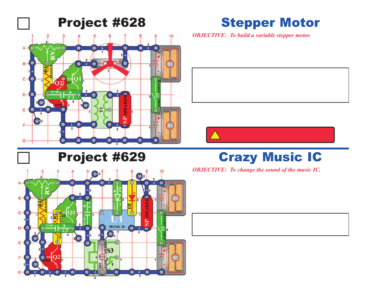 Project #628, Stepper motor, Project #629 | Crazy music ic | Elenco Upgrade Kit SC300 to SC750 User Manual | Page 122 / 212