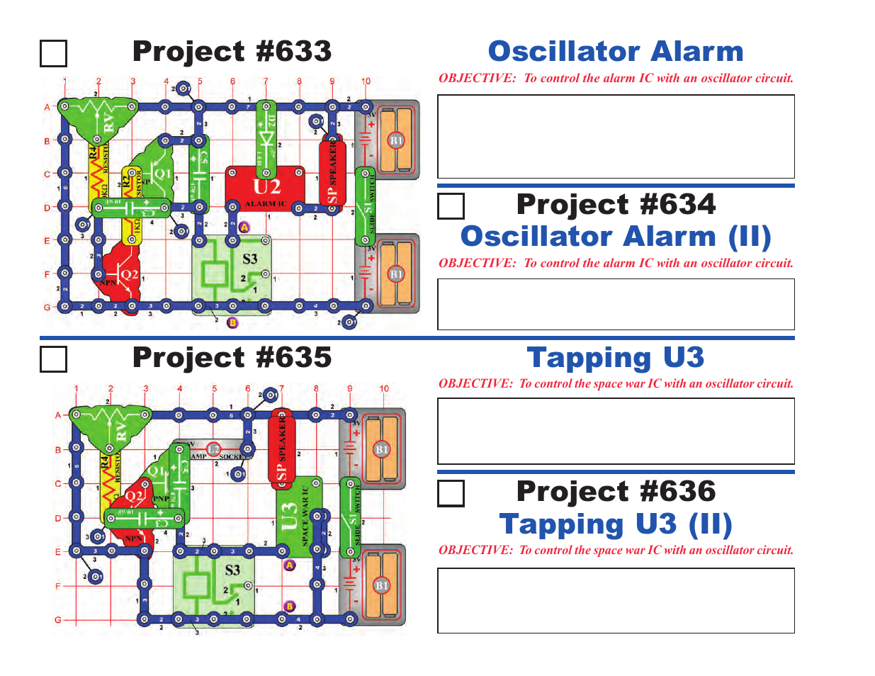 Project #633, Oscillator alarm, Project #635 | Tapping u3, Oscillator alarm (ii) project #634, Tapping u3 (ii) project #636 | Elenco Upgrade Kit SC300 to SC750 User Manual | Page 124 / 212