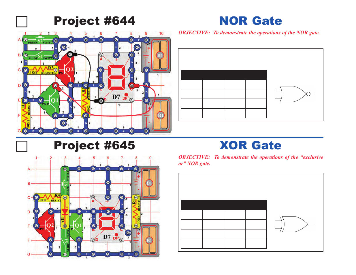 Project #644, Nor gate project #645, Xor gate | Elenco Upgrade Kit SC300 to SC750 User Manual | Page 128 / 212