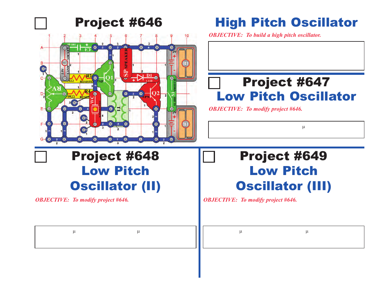 Project #646, Project #649 low pitch oscillator (iii), Low pitch oscillator project #647 | Elenco Upgrade Kit SC300 to SC750 User Manual | Page 129 / 212