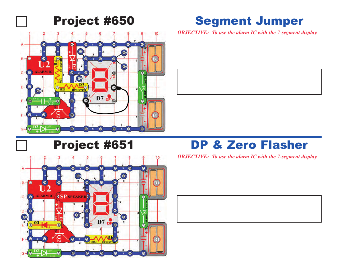 Project #650, Segment jumper, Project #651 | Dp & zero flasher | Elenco Upgrade Kit SC300 to SC750 User Manual | Page 130 / 212