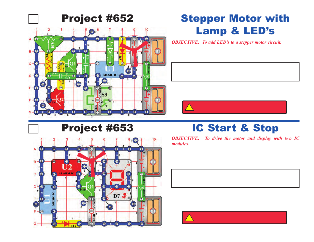 Project #652, Stepper motor with lamp & led’s, Project #653 | Ic start & stop | Elenco Upgrade Kit SC300 to SC750 User Manual | Page 131 / 212