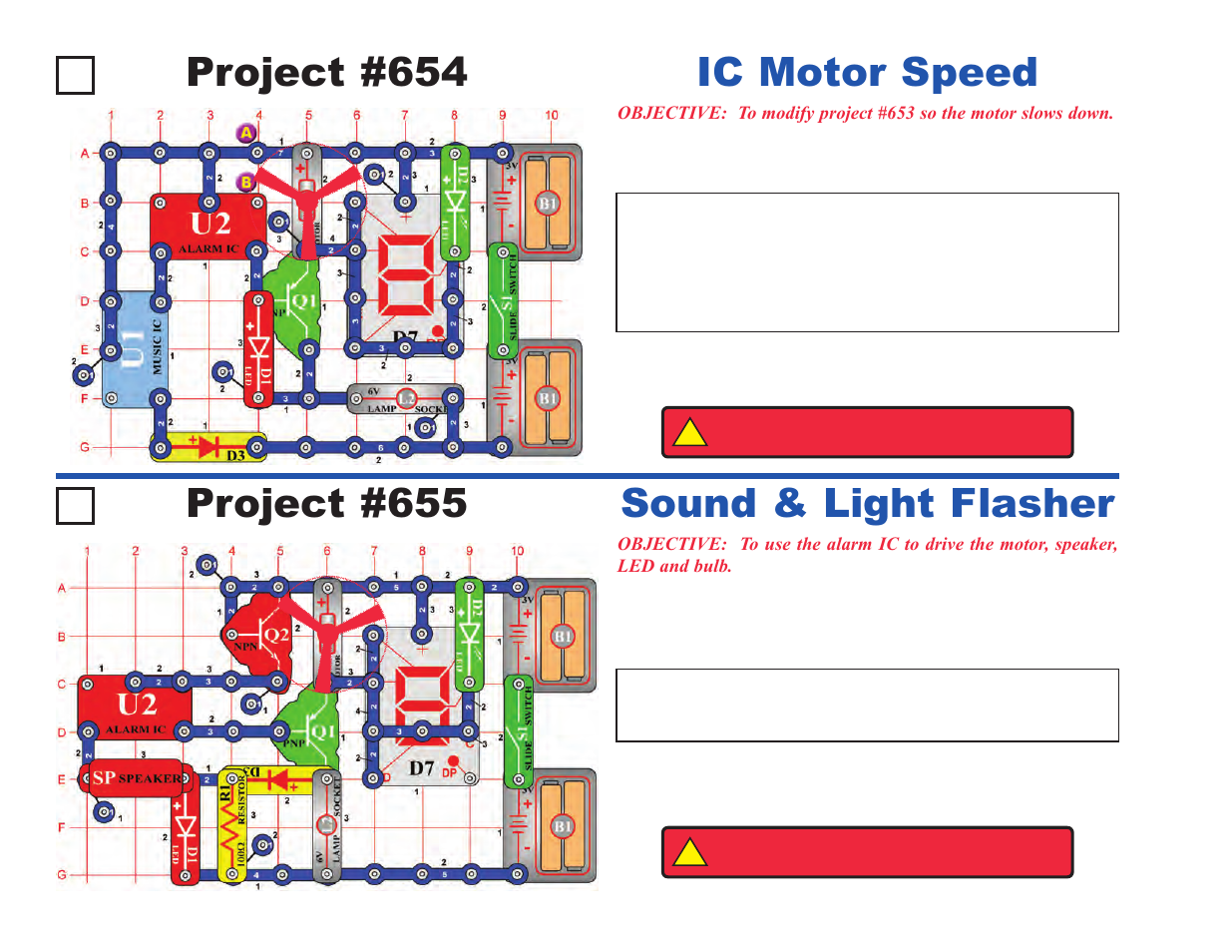 Project #654, Ic motor speed, Project #655 | Sound & light flasher | Elenco Upgrade Kit SC300 to SC750 User Manual | Page 132 / 212